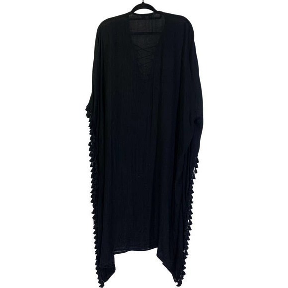 WALTER BAKER Black Knit Fringe Tassel Acapulco Kaftan Shawl - Picture 7 of 10